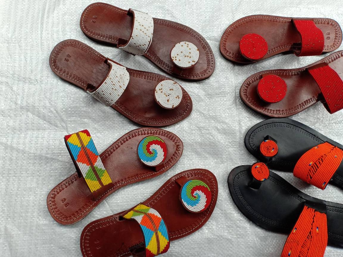 Handmade African Beaded Sandals/Authentic Maasai-Style Leather Flip-Flops Women/Boho Beach Sandals/Comfortable Summer Sandal African Gifts