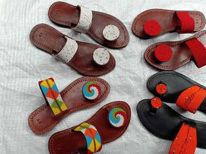 Handmade African Beaded Sandals/Authentic Maasai-Style Leather Flip-Flops Women/Boho Beach Sandals/Comfortable Summer Sandal African Gifts