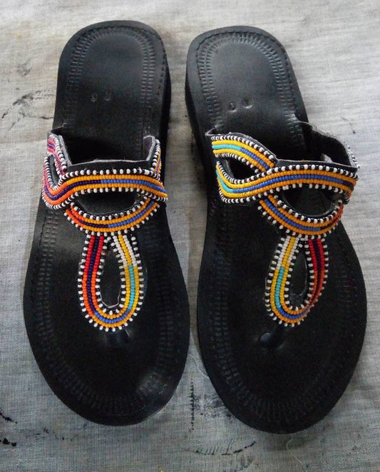 Handmade African Beaded Sandals/Authentic Maasai-Style Leather Flip-Flops Women/Boho Beach Sandals/Comfortable Summer Sandal African Gifts