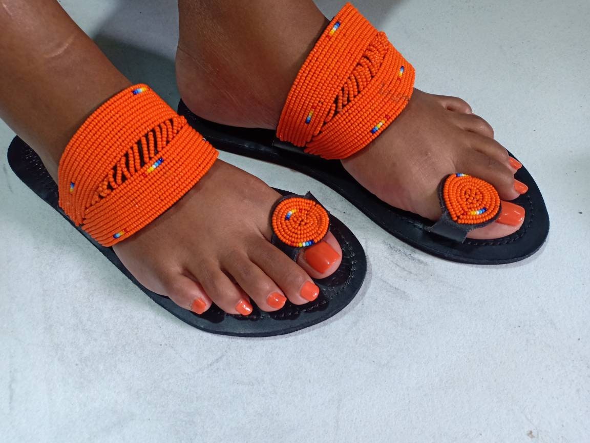 Handmade African Beaded Sandals/Authentic Maasai-Style Leather Flip-Flops Women/Boho Beach Sandals/Comfortable Summer Sandal African Gifts