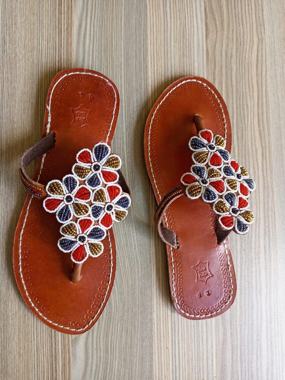 Handmade African Beaded Sandals/Authentic Maasai-Style Leather Flip-Flops Women/Boho Beach Sandals/Comfortable Summer Sandal African Gifts