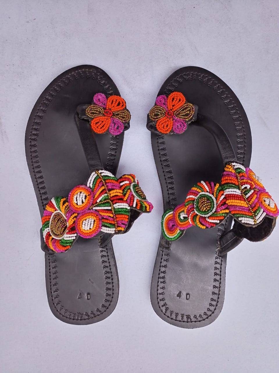 Handmade African Beaded Sandals/Authentic Maasai-Style Leather Flip-Flops Women/Boho Beach Sandals/Comfortable Summer Sandal African Gifts